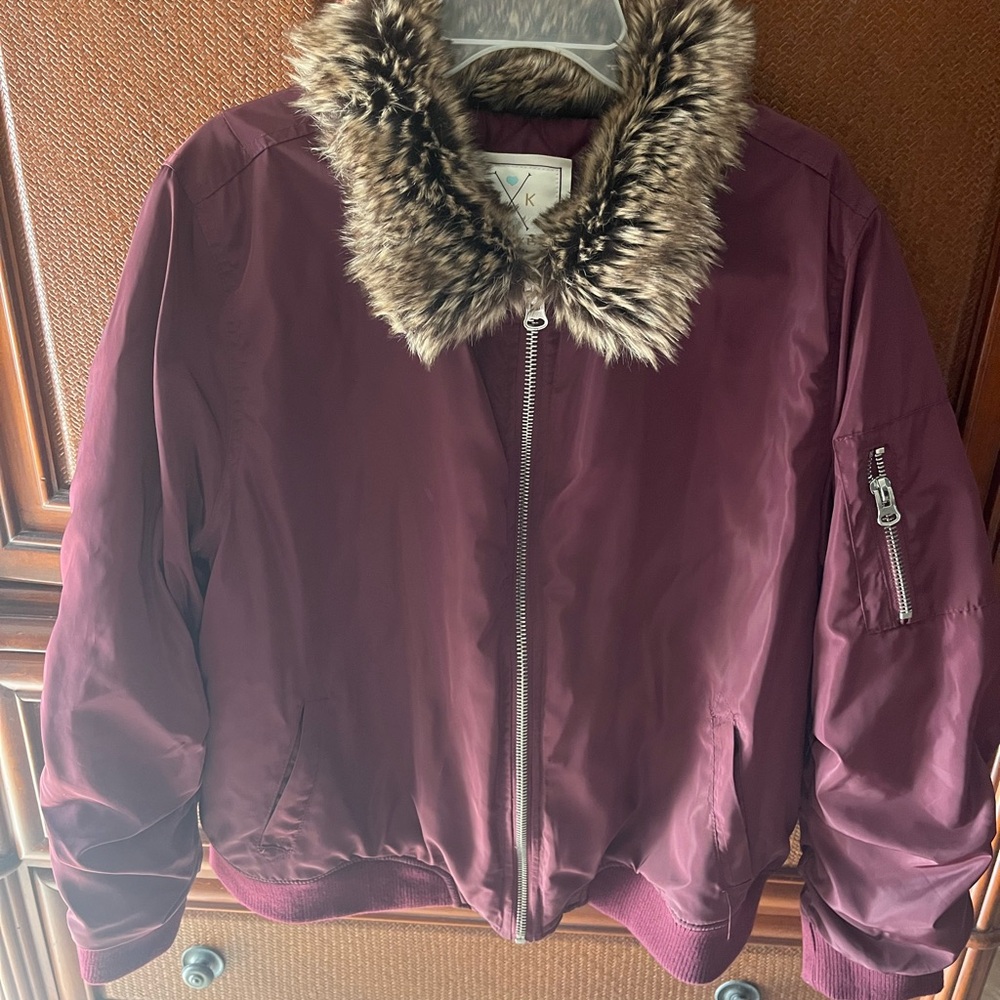Angel Kiss Maroon Bomber Jacket with Faux Fur Collar